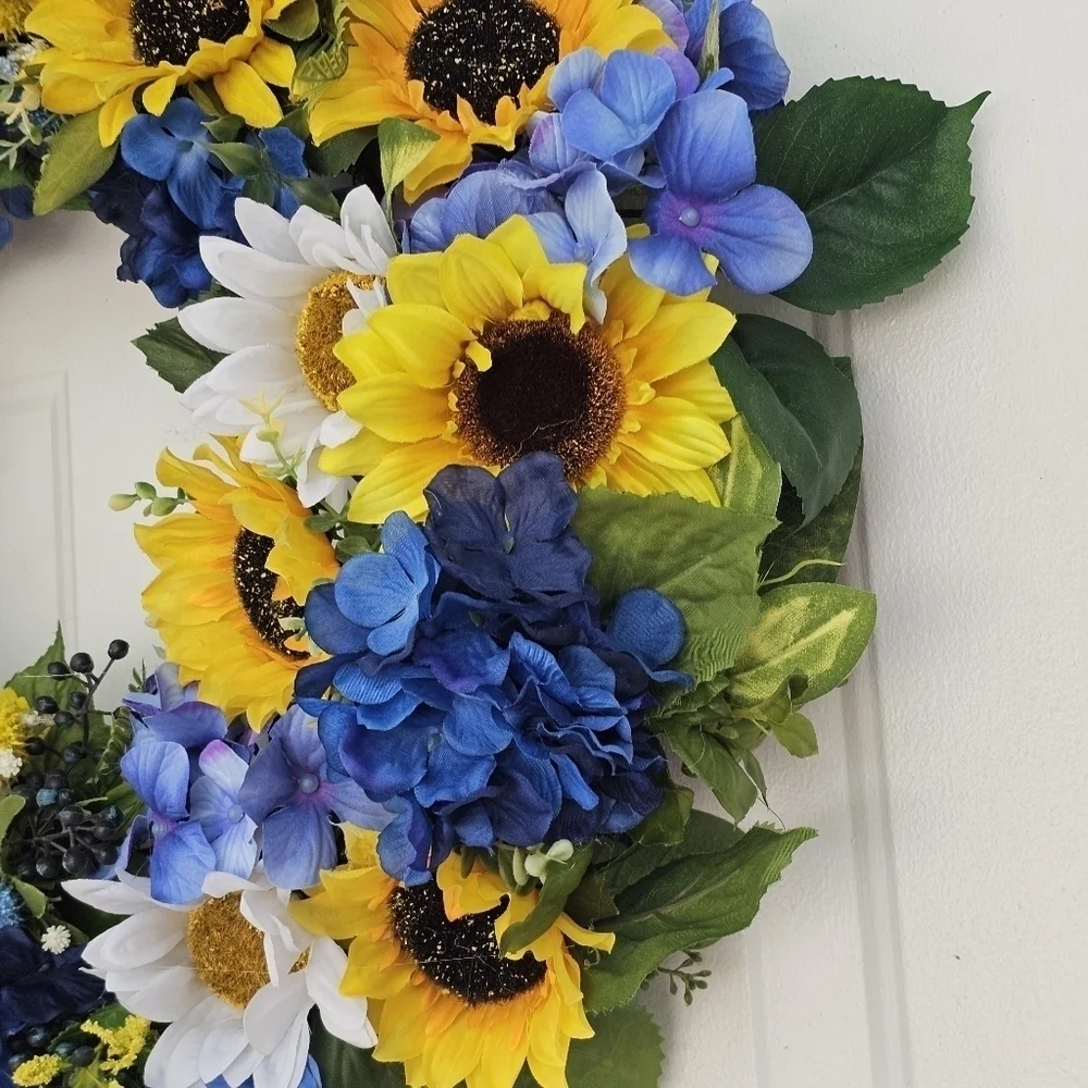 Handmade sunflower and blue hydrangea wreath for everyday, summer,spring